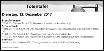 Anzeige von Totentafel vom 12.12.2017 von MGO