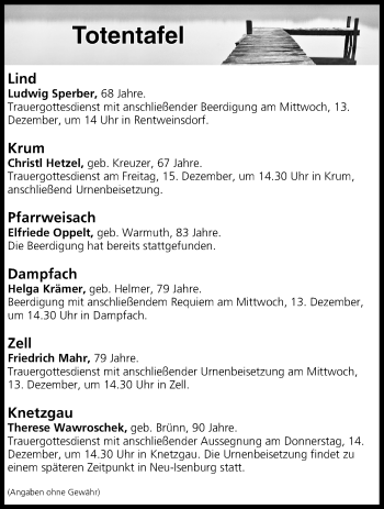 Anzeige von Totentafel vom 12.12.2017 von MGO