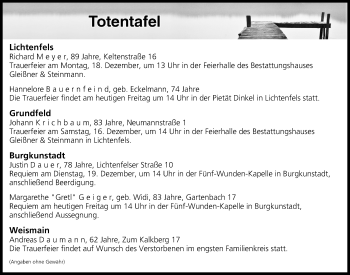 Anzeige von Totentafel vom 15.12.2017 von MGO