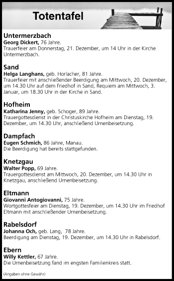 Anzeige von Totentafel vom 19.12.2017 von MGO