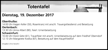 Anzeige von Totentafel vom 19.12.2017 von MGO