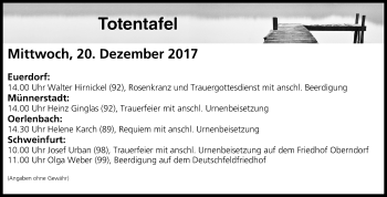 Anzeige von Totentafel vom 19.12.2017 von MGO