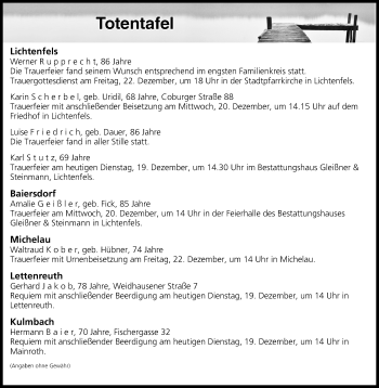 Anzeige von Totentafel vom 19.12.2017 von MGO