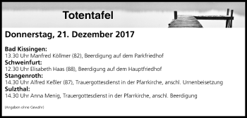 Anzeige von Totentafel vom 21.12.2017 von MGO