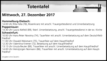 Anzeige von Totentafel vom 27.12.2017 von MGO