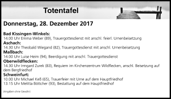Anzeige von Totentafel vom 28.12.2017 von MGO