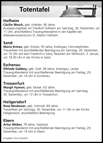 Anzeige von Totentafel vom 29.12.2017 von MGO