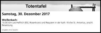 Anzeige von Totentafel vom 30.12.2017 von MGO
