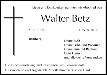 Anzeige von Walter Betz von MGO