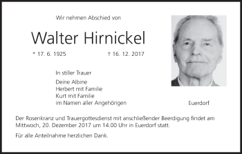 Anzeige von Walter Hirnickel von MGO