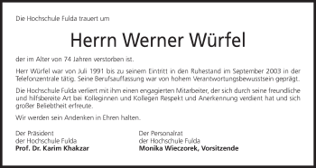 Anzeige von Werner Würfel von MGO