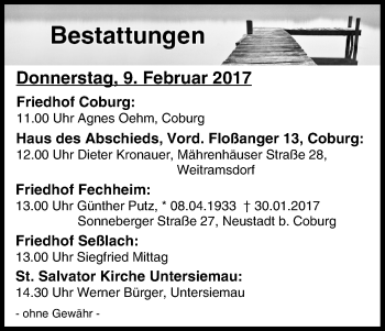 Anzeige von Bestattungen vom 09.02.2017 von MGO