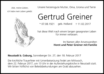 Anzeige von Gertrud Greiner von MGO