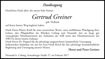 Anzeige von Gertrud Greiner von MGO