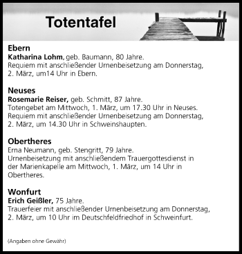 Anzeige von Totentafel vom 28.02.2017 von MGO