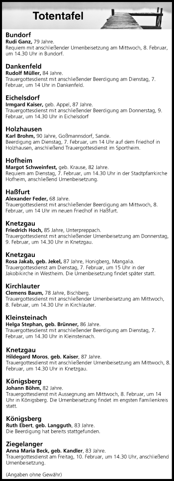 Anzeige von Totentafel vom 07.02.2017 von MGO