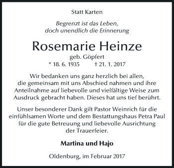 Anzeige von Rosemarie Heinze von MGO