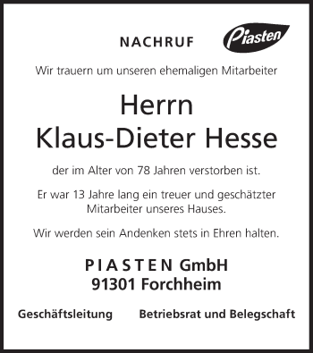 Anzeige von Klaus-Dieter Hesse von MGO