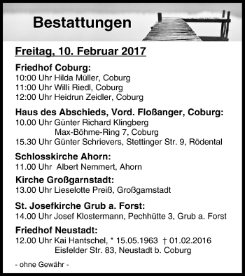Anzeige von Bestattungen vom 10.02.2017 von MGO