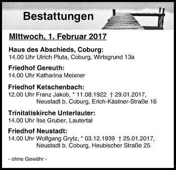 Anzeige von Bestattungen vom 01.02.2017 von MGO