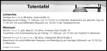 Anzeige von Totentafel vom 15.02.2017 von MGO