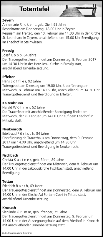 Anzeige von Totentafel vom 07.02.2017 von MGO