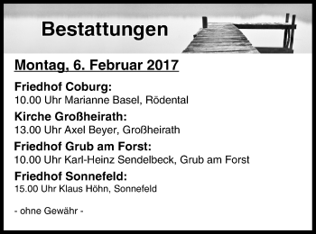 Anzeige von Bestattungen vom 06.02.2017 von MGO