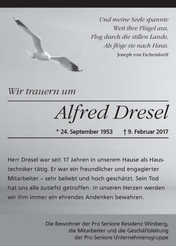 Anzeige von Alfred Dresel von MGO