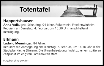 Anzeige von Totentafel vom 04.02.2017 von MGO