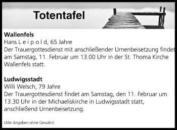 Anzeige von Totentafel vom 10.02.2017 von MGO