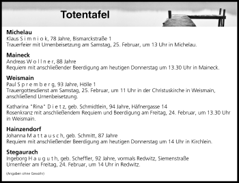 Anzeige von Totentafel vom 23.02.2017 von MGO
