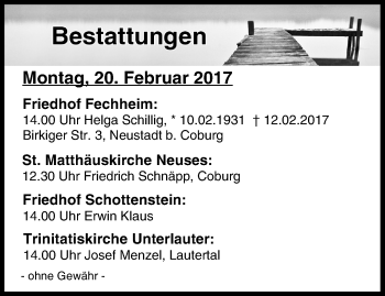 Anzeige von Bestattungen vom 20.02.2017 von MGO