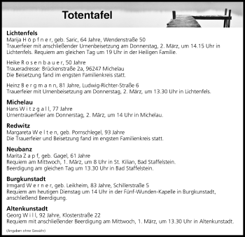Anzeige von Totentafel vom 28.02.2017 von MGO