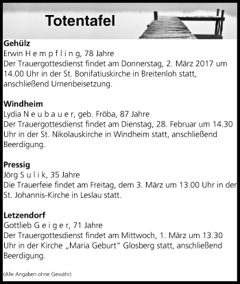 Anzeige von Totentafel vom 28.02.2017 von MGO