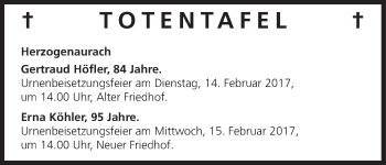Anzeige von Totentafel vom 11.02.2017 von MGO