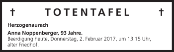Anzeige von Totentafel vom 02.02.2017 von MGO