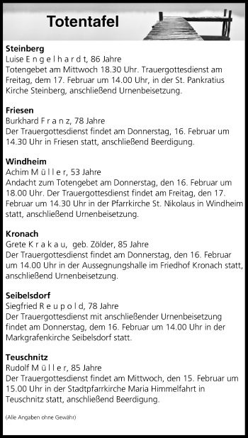 Anzeige von Totentafel vom 15.02.2017 von MGO