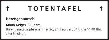 Anzeige von Totentafel vom 21.02.2017 von MGO