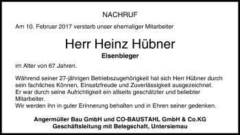 Anzeige von Heinz Hübner von MGO
