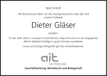 Anzeige von Dieter Gläser von MGO
