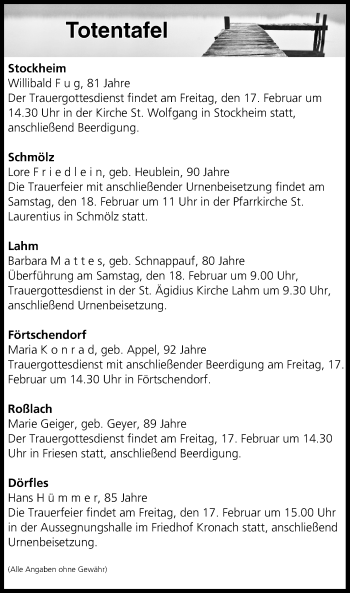 Anzeige von Totentafel vom 17.02.2017 von MGO