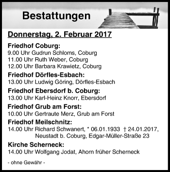 Anzeige von Bestattungen vom 02.02.2017 von MGO