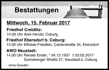 Anzeige von Bestattungen vom 15.02.2017 von MGO
