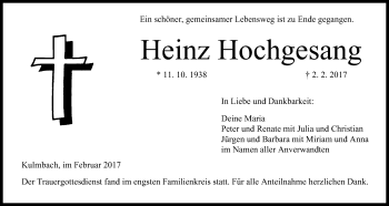 Anzeige von Heinz Hochgesang von MGO