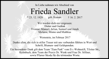 Anzeige von Frieda Sandler von MGO