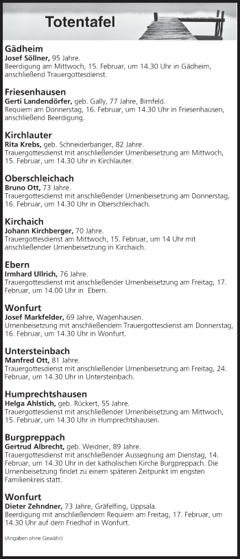 Anzeige von Totentafel vom 14.02.2017 von MGO