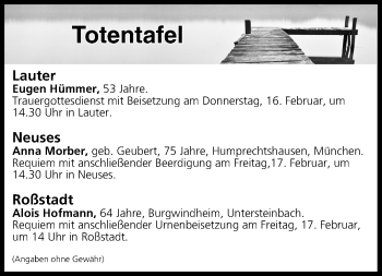 Anzeige von Totentafel vom 16.02.2017 von MGO