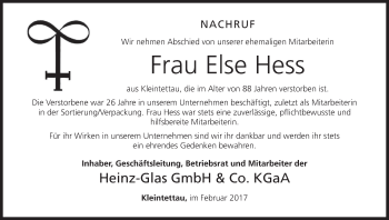 Anzeige von Else Hess von MGO