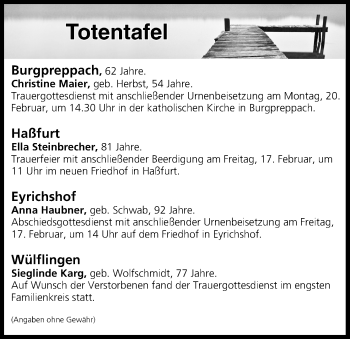 Anzeige von Totentafel vom 17.02.2017 von MGO
