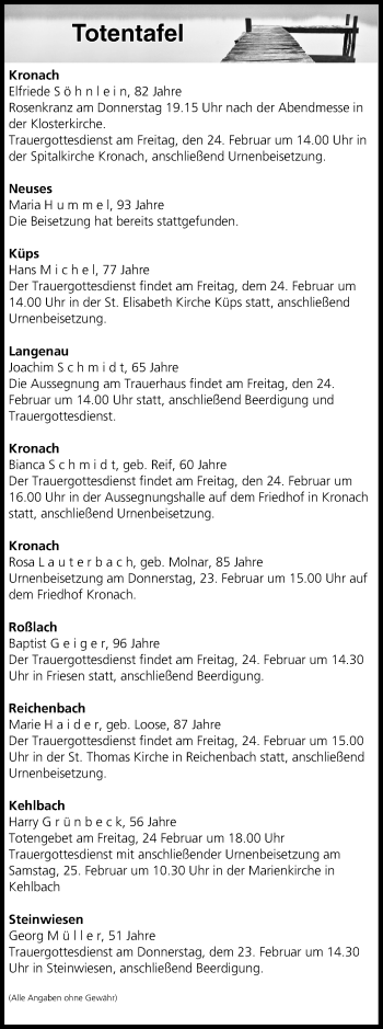 Anzeige von Totentafel vom 23.02.2017 von MGO